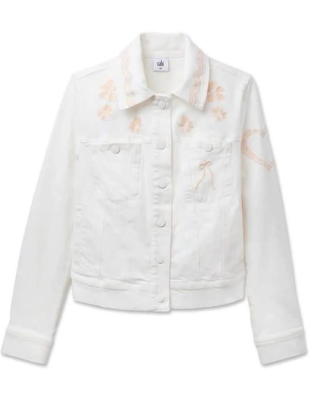 CAbi Ladybird Jean Jacket in White with Subtle Embroidery
